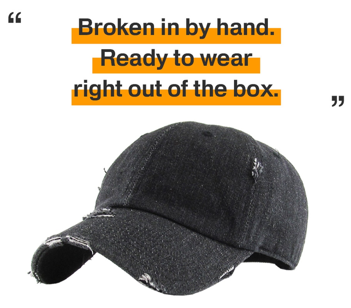 Black Denim Distressed Vintage Baseball Cap Front Side View